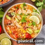 A top down shot of chicken taco soup in a bowl with lime slices next to the bowl.