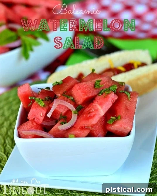 Vibrant Balsamic Watermelon Salad with fresh mint, perfect for summer gatherings. MomOnTimeout.com
