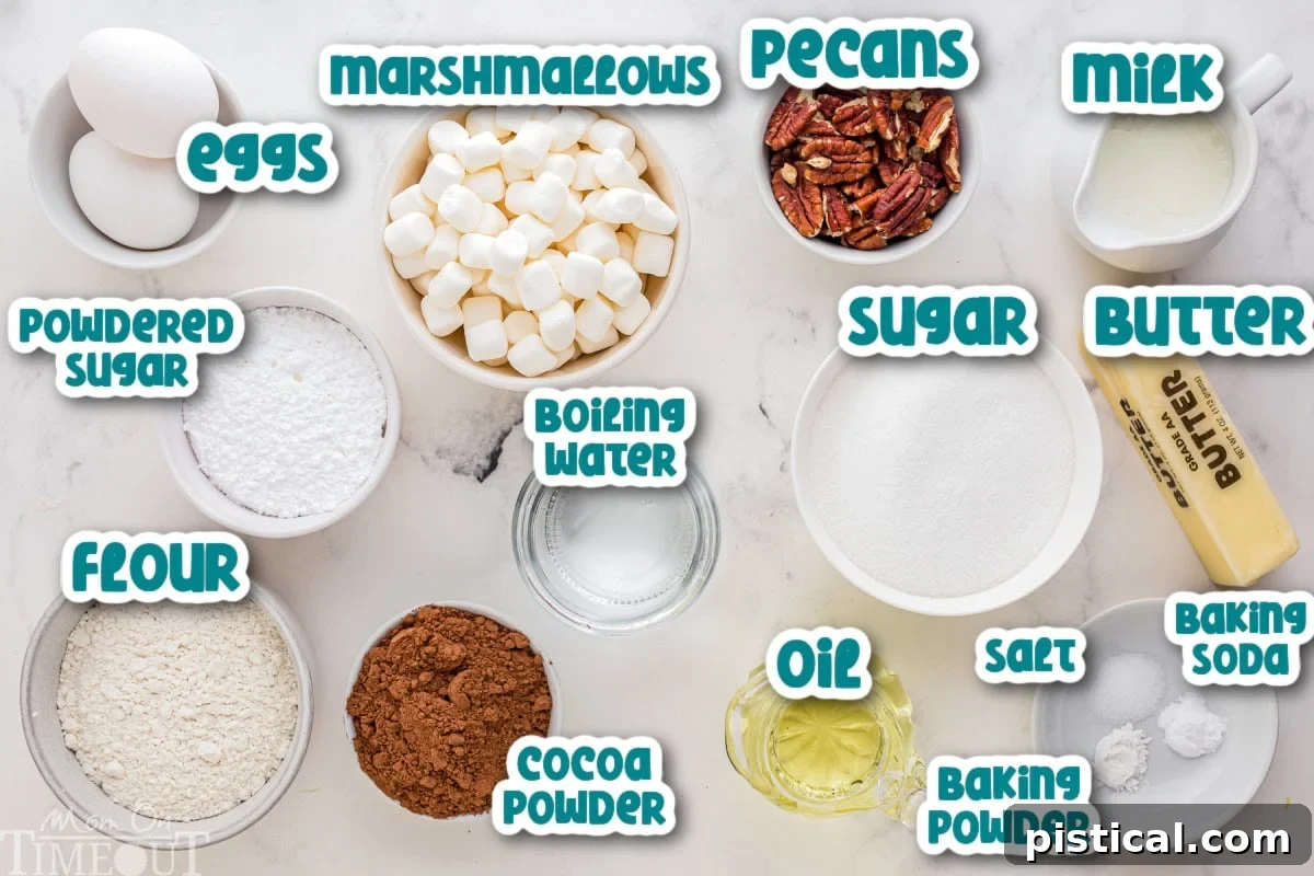 Decadent Delta Chocolate Dream 5 Top down view of the ingredients needed to make Mississippi Mud Cake measured out and ready to be used. Ingredients are labeled on this image.