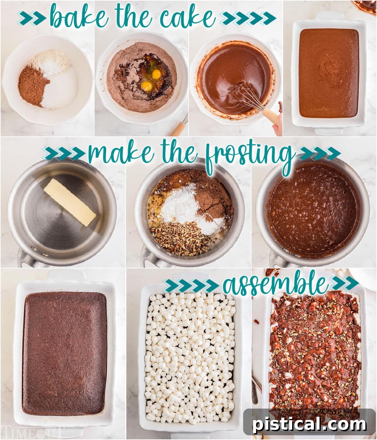 Decadent Delta Chocolate Dream 7 Ten image collage that shows the step by step process of making the Mississippi Mud Cake recipe including the chocolate frosting.