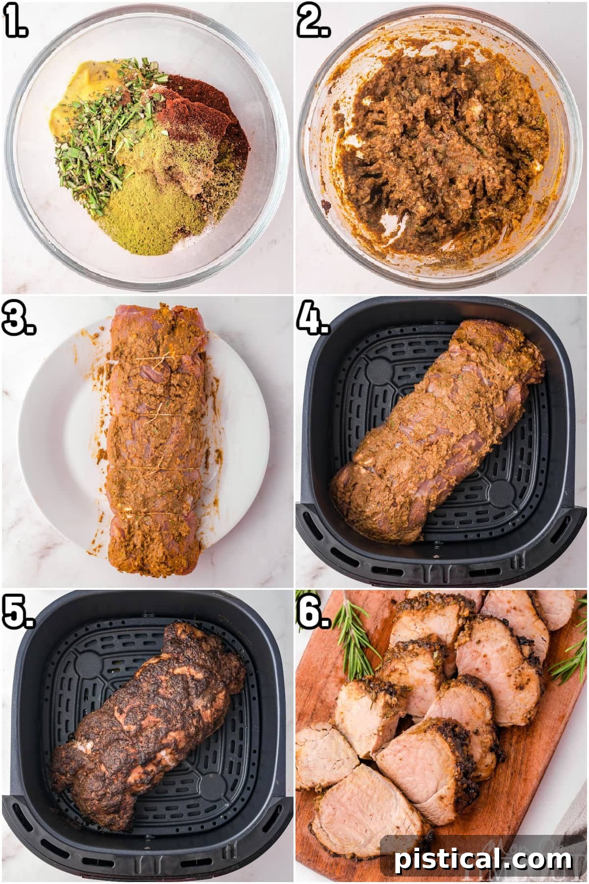 Six image collage showing how long to cook pork tenderloin in air fryer and how to prepare it.