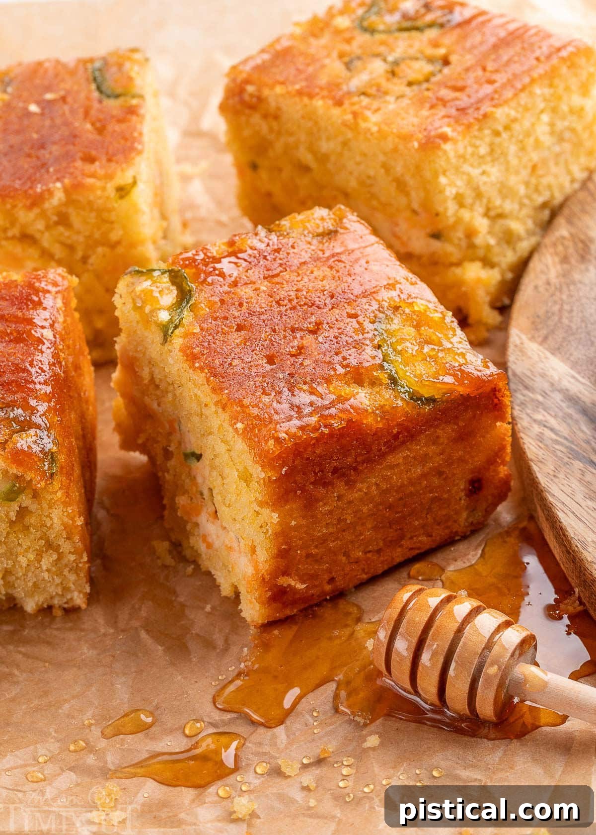 Jalapeno Cornbread recipe cut into squares on parchment paper with honey dripping onto the paper.