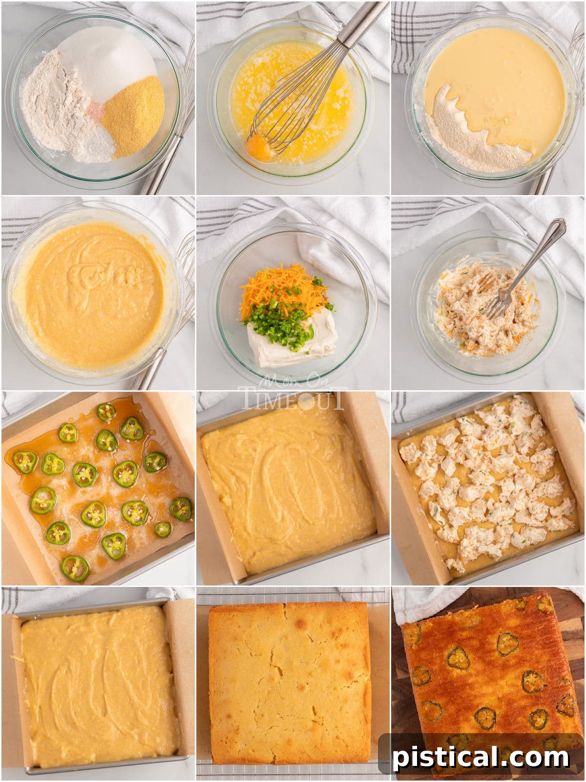 Twelve image collage showing how to make jalapeno cornbread step by step.