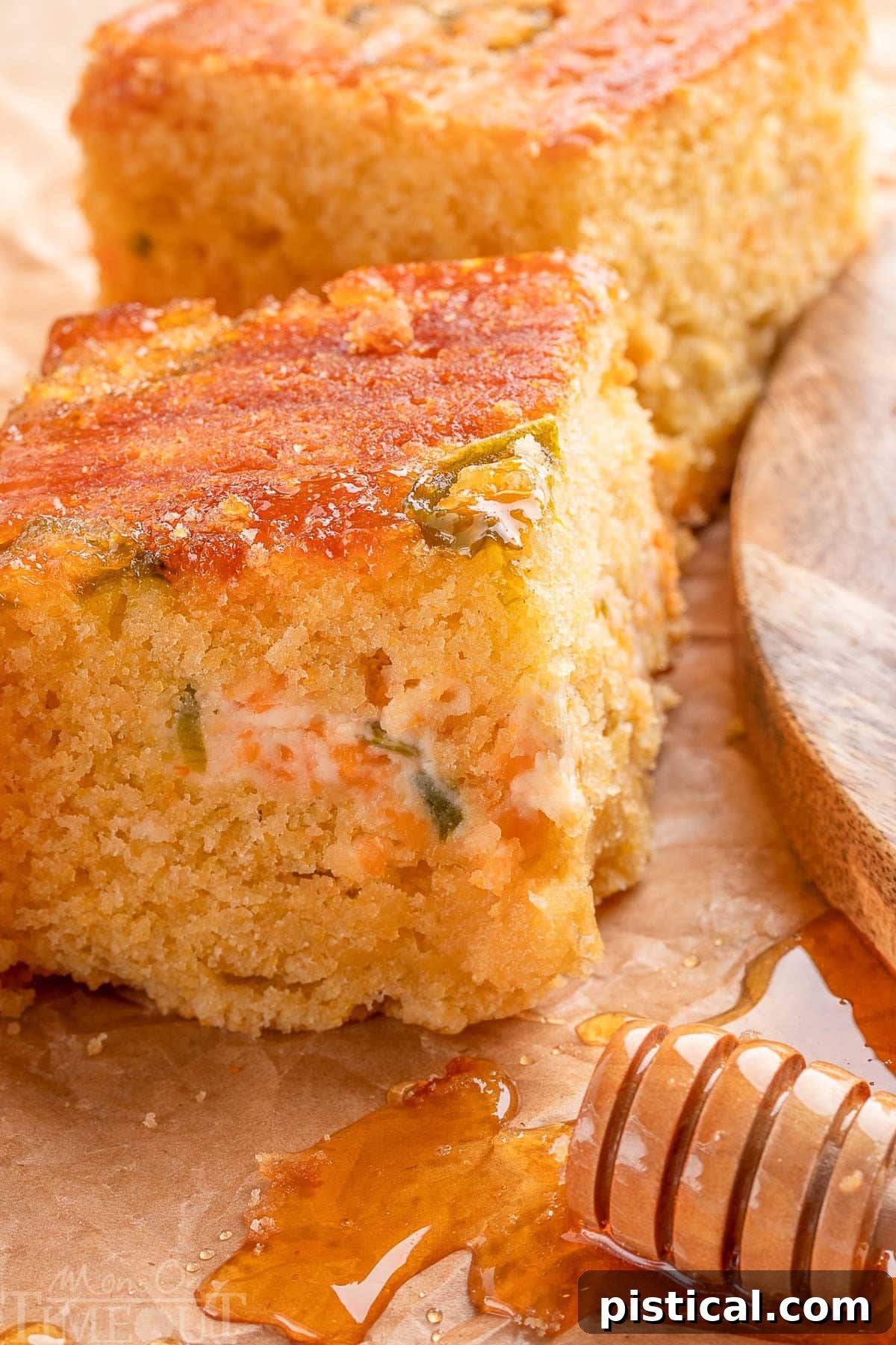 Close look at jalapeno cornbread next to a wand of honey. The jalapeno popper layer in the center is clearly visible in the piece of cornbread.