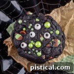 Monster Halloween Cookies stacked on brown parchment and black web design plate. Cookies have candy eyes and green sugar pearls for decoration.
