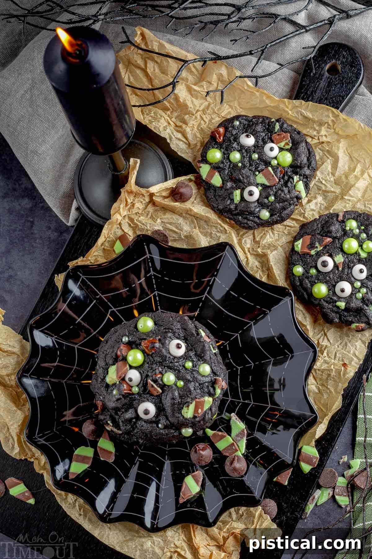 Festive Halloween monster cookies artfully arranged on a black plate with an intricate spider web design. Two cookies rest on a piece of rustic brown parchment paper, accompanied by a flickering black candle and an eerie black tree branch in the background.
