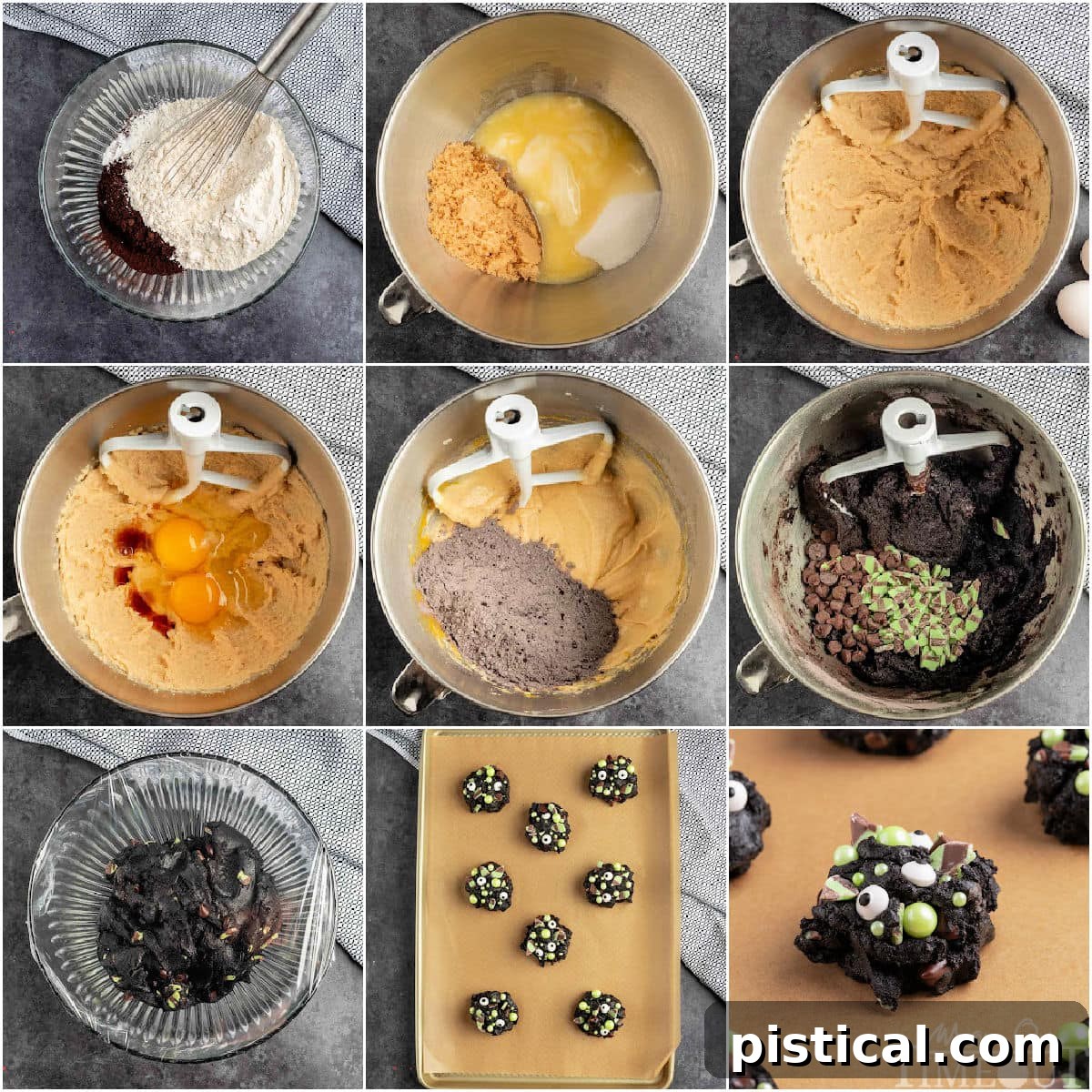 A detailed collage of nine individual process shots, illustrating each step involved in making delicious Halloween Monster Cookies, from mixing ingredients to the final decorated product.