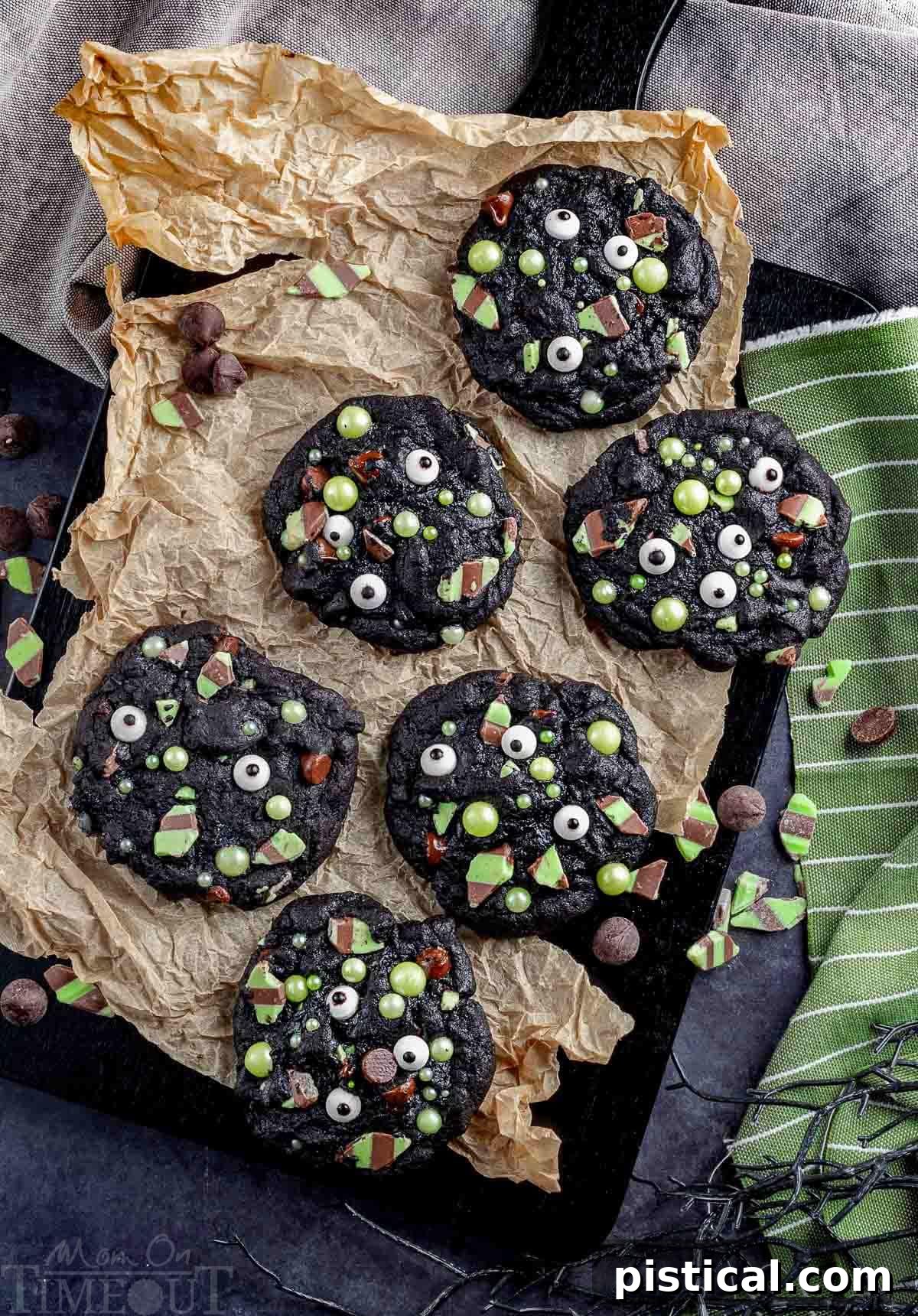 A delicious array of Monster Halloween Cookies, perfectly baked and artfully laid out on a piece of rustic brown parchment paper, ready for sharing.
