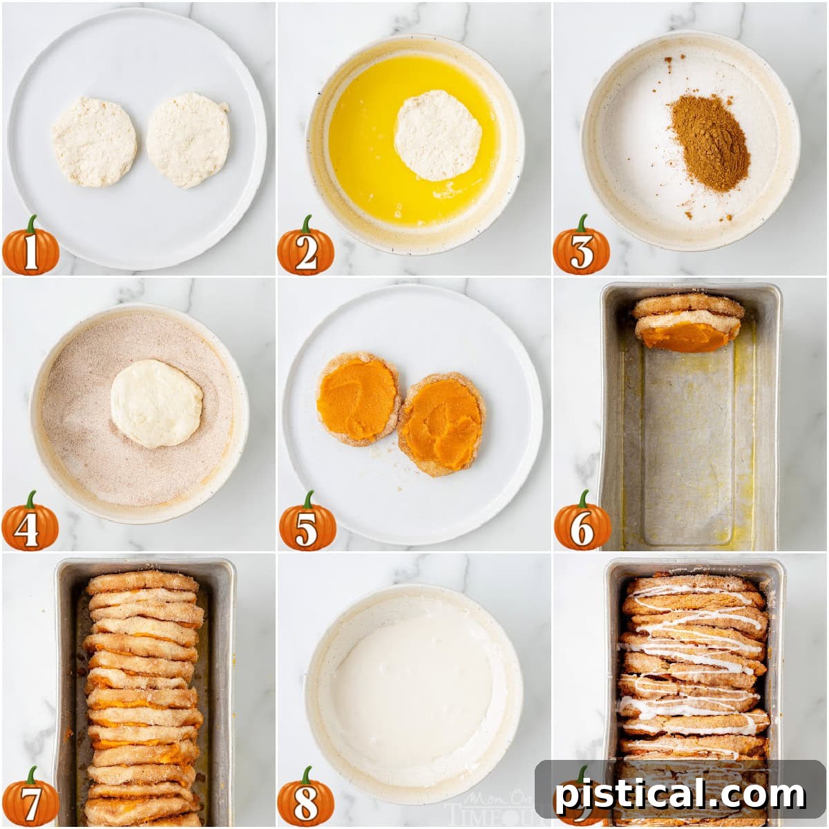 Nine image collage showing how to make, assemble and bake the pumpkin pull apart bread.