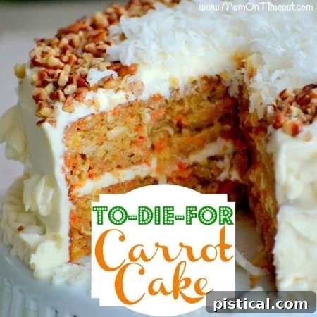 Moist and flavorful To-Die-For Carrot Cake recipe, topped with a creamy frosting. A classic dessert perfect for any occasion.