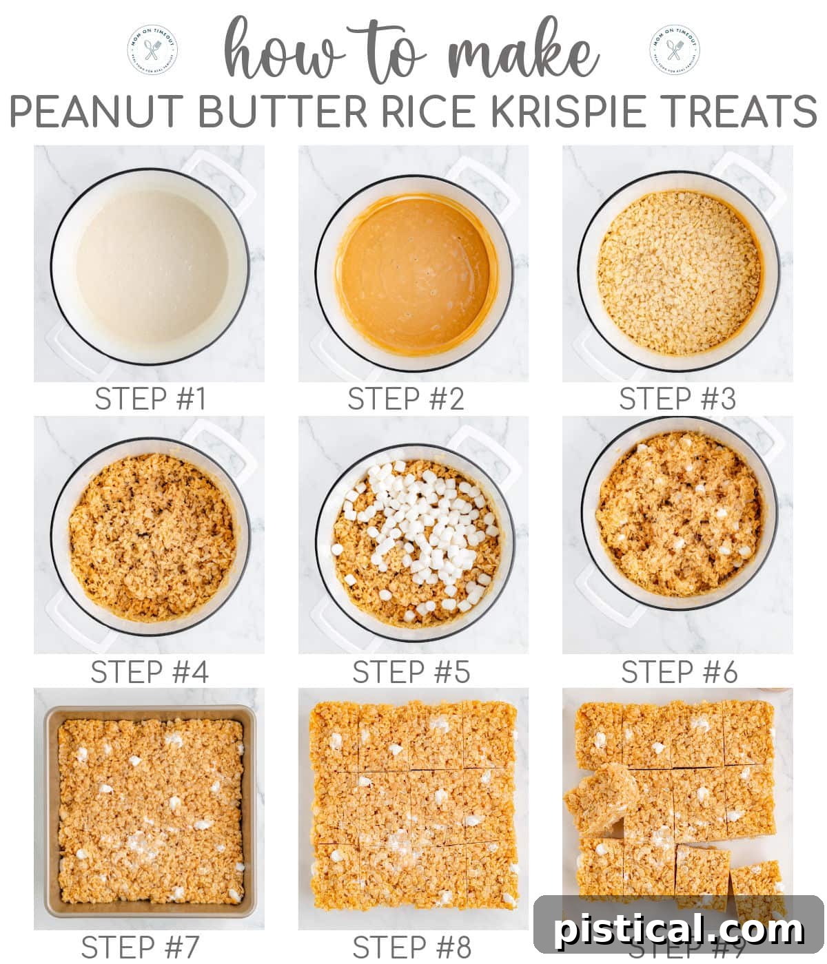 Nine image collage showing how to make peanut butter rice krispie treats step-by-step from melting to cutting.