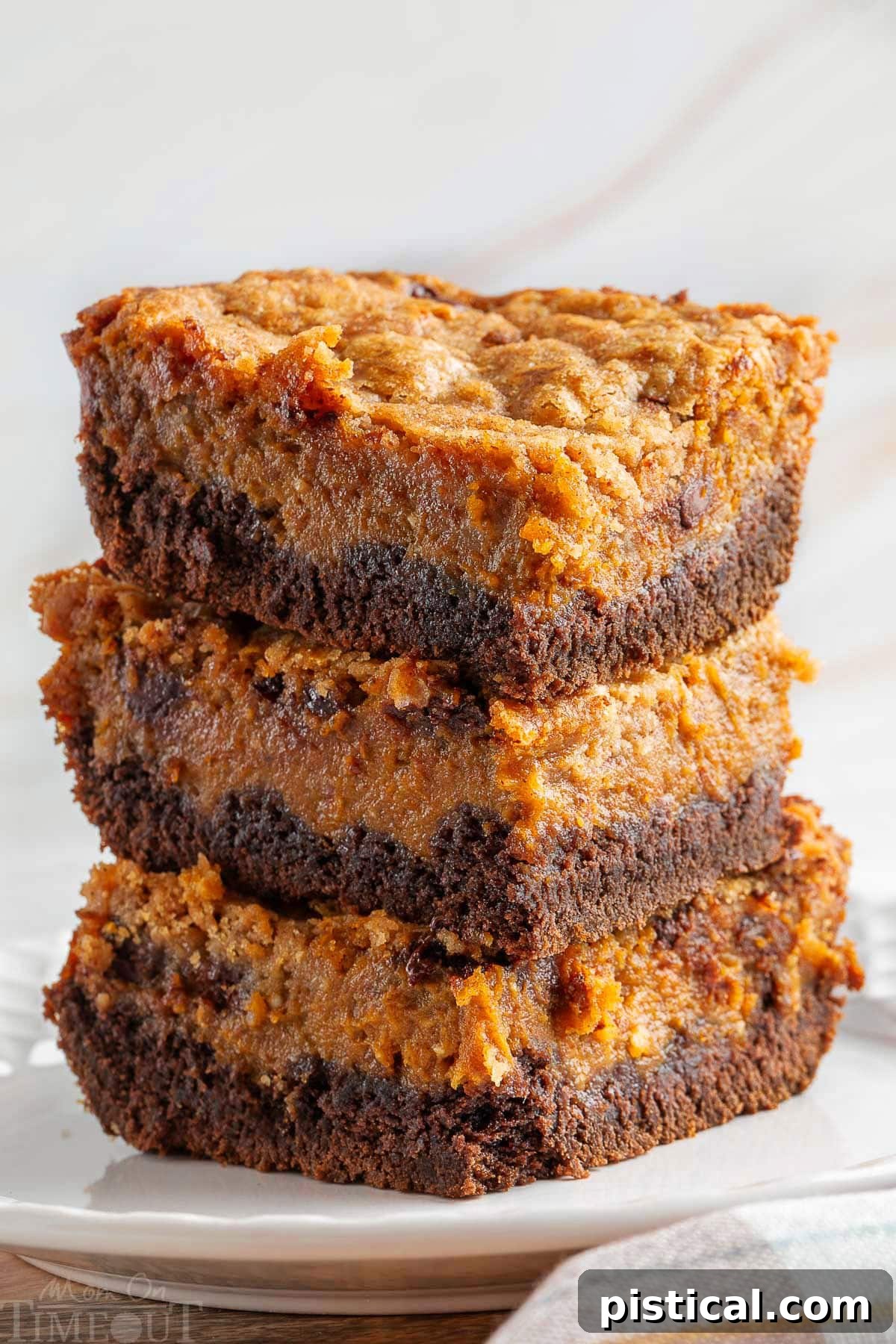 A beautifully stacked display of Chocolate Pumpkin Cheesecake Bars on a white plate, showcasing their distinct layers and inviting appearance.