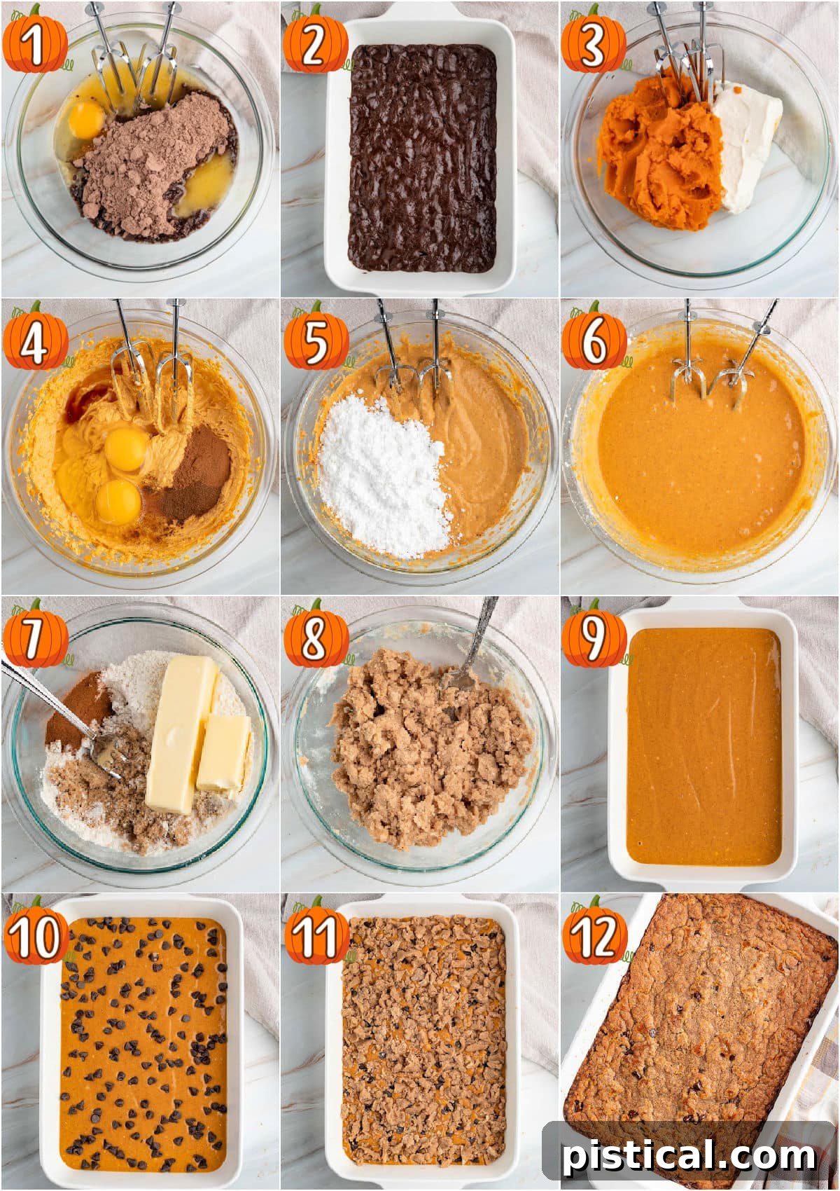 A comprehensive 12-image collage illustrating the step-by-step process of making Chocolate Pumpkin Cheesecake Bars, from mixing ingredients to final assembly.