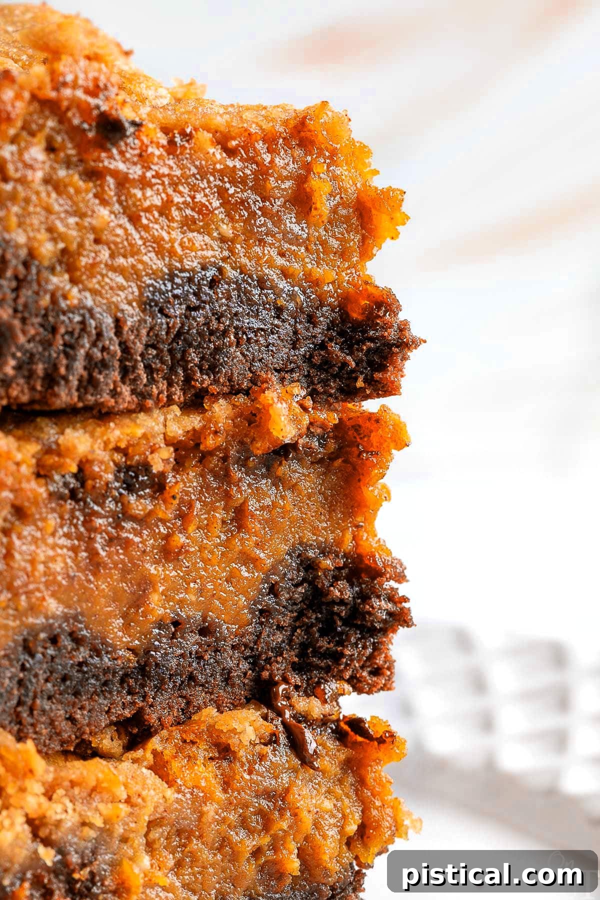 A close-up photograph of a stack of Chocolate Pumpkin Cheesecake Bars resting on a white plate, highlighting their perfect layers and inviting texture.