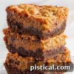 A stack of chocolate pumpkin cheesecake bars on a white plate, showcasing their inviting layers.