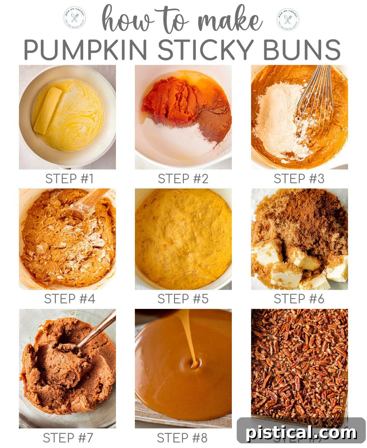 A nine-image collage demonstrating the step-by-step process of preparing the pumpkin sticky buns dough, with an illustrative title overlay at the top.