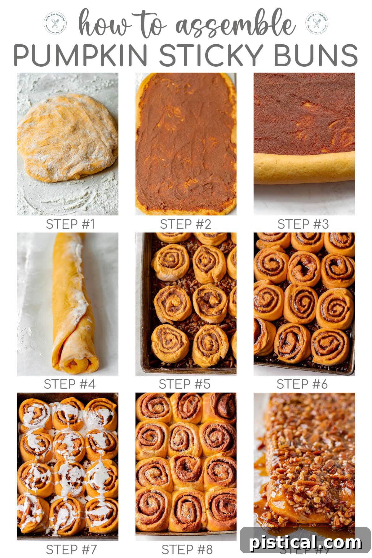 A nine-image graphic illustrates the assembly process of pumpkin sticky buns, complete with numbered steps and descriptive text at the top.