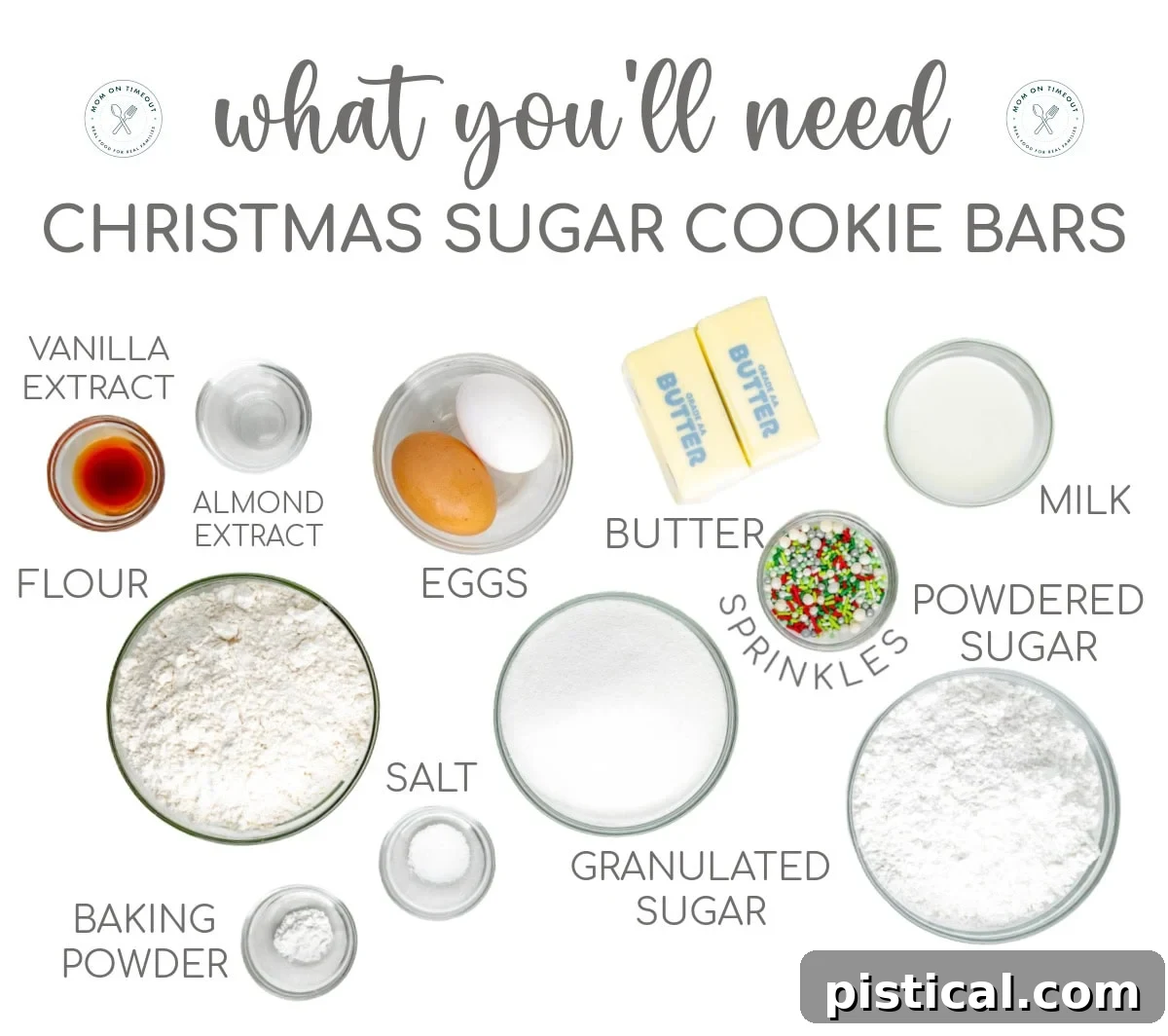 A charming collage showcasing all the fresh, high-quality ingredients laid out for making Christmas Sugar Cookie Bars, including butter, sugar, flour, extracts, and colorful sprinkles.