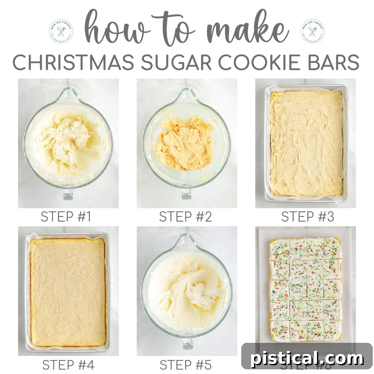 A six-image collage displaying the step-by-step process of making Christmas Sugar Cookie Bars, from mixing ingredients to spreading dough and finally frosting the baked bars.