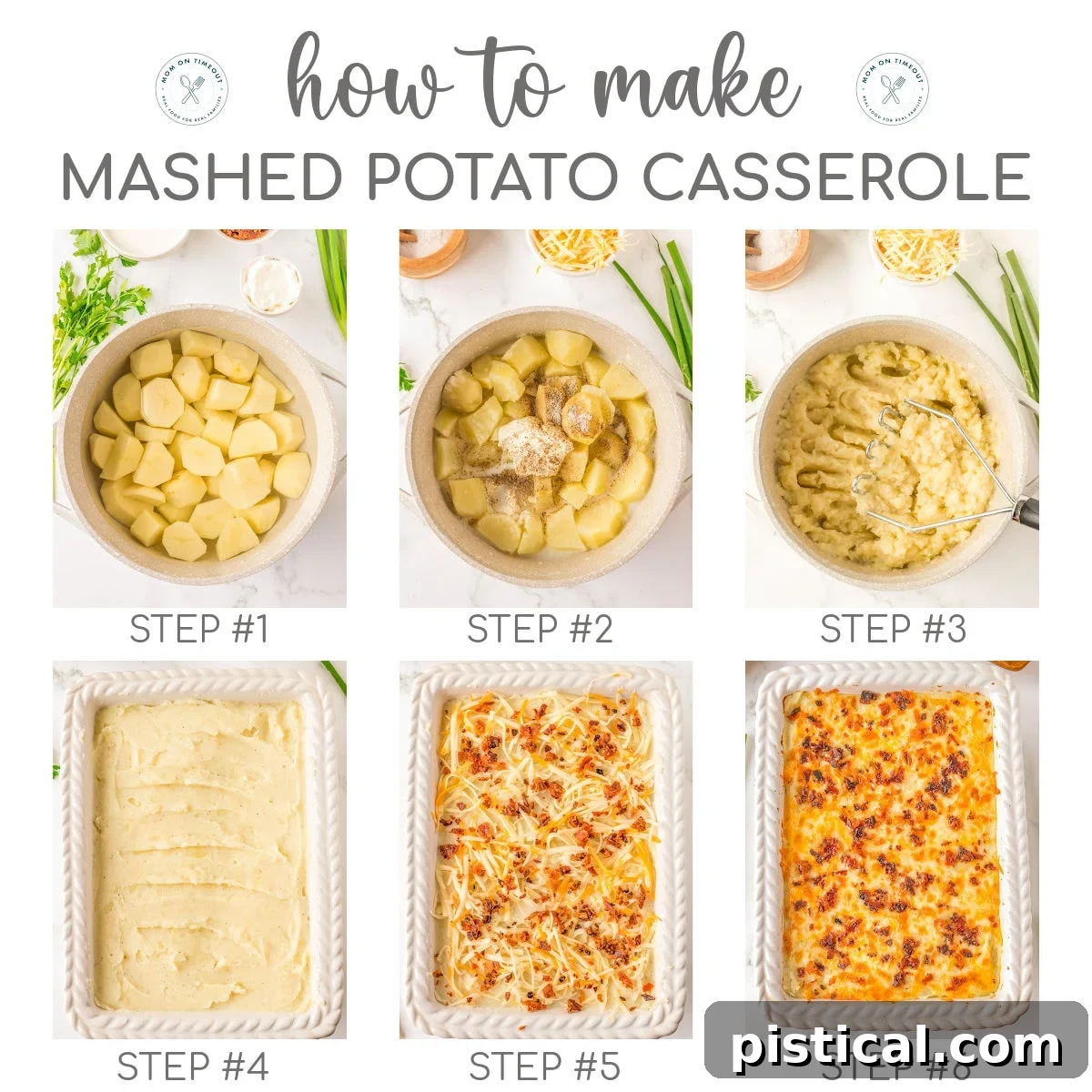 Velvety Potato Bake 4 Six image collage showing how to make mashed potato casserole recipe.