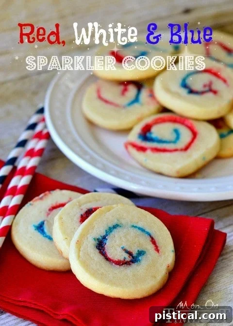 Close-up of vibrant Red, White, and Blue Sparkler Cookies arranged on a plate, perfect for patriotic holidays.