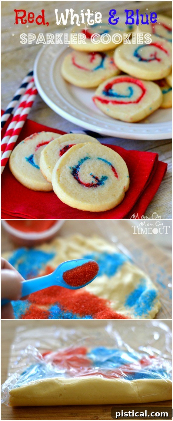 Stack of Red, White, and Blue Sparkler Cookies, emphasizing their colorful layers.