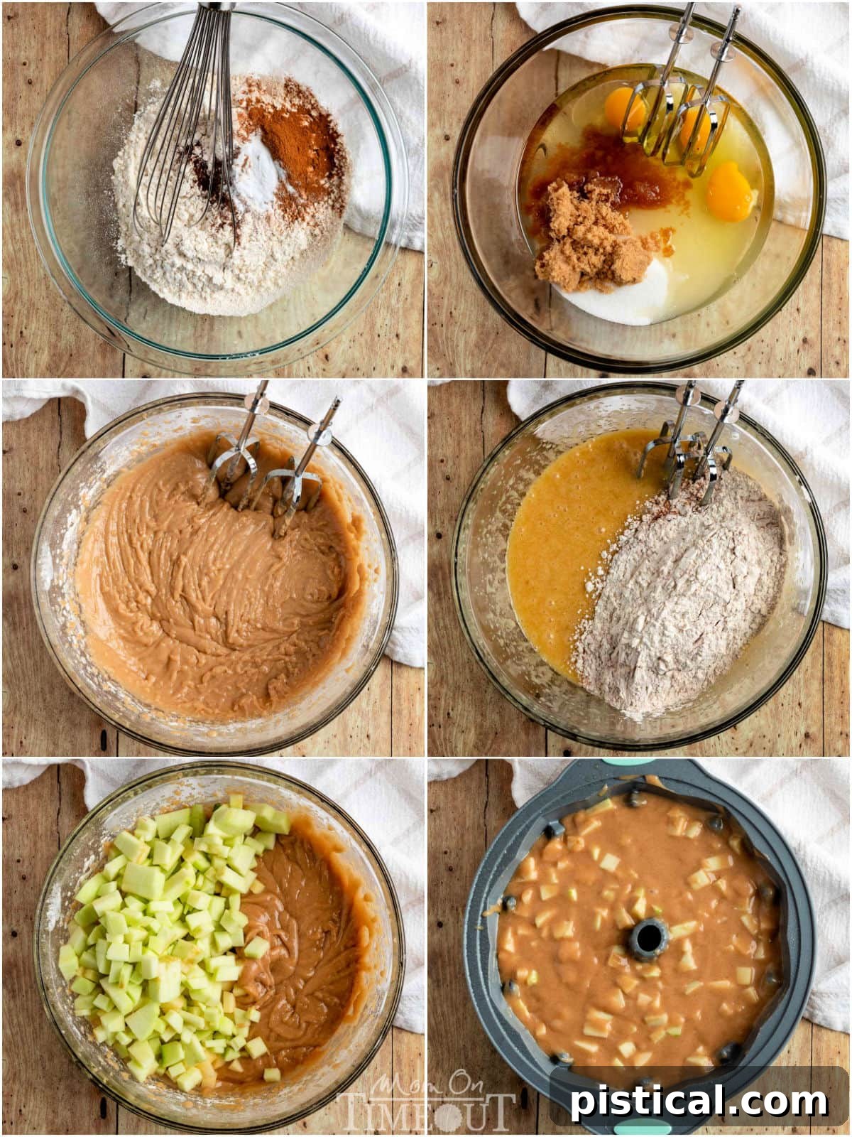 Six image collage showing step-by-step process of making an apple bundt cake, from mixing ingredients to pouring into the pan.