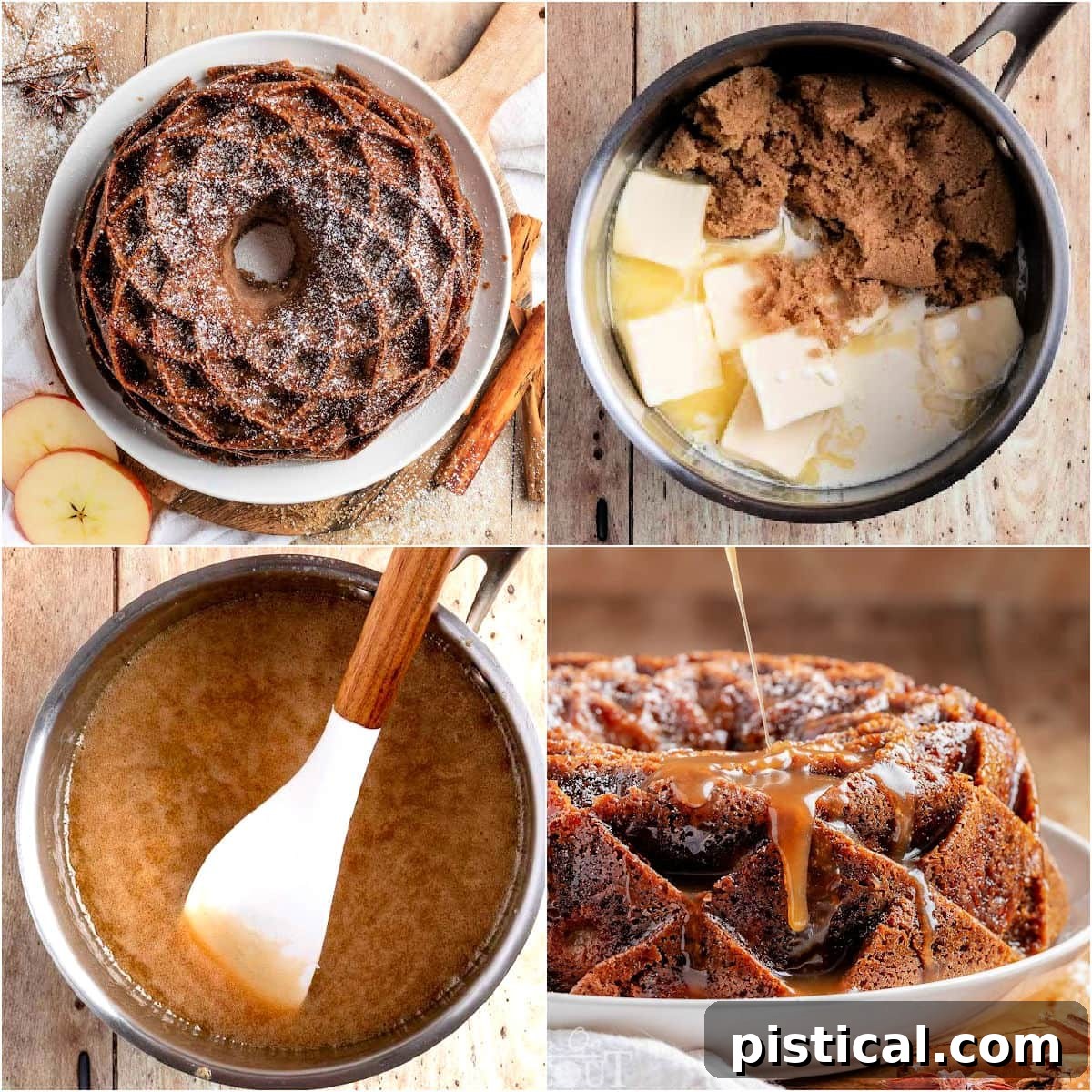 Four image collage demonstrating the step-by-step process of making a smooth bourbon caramel glaze for the apple cake.