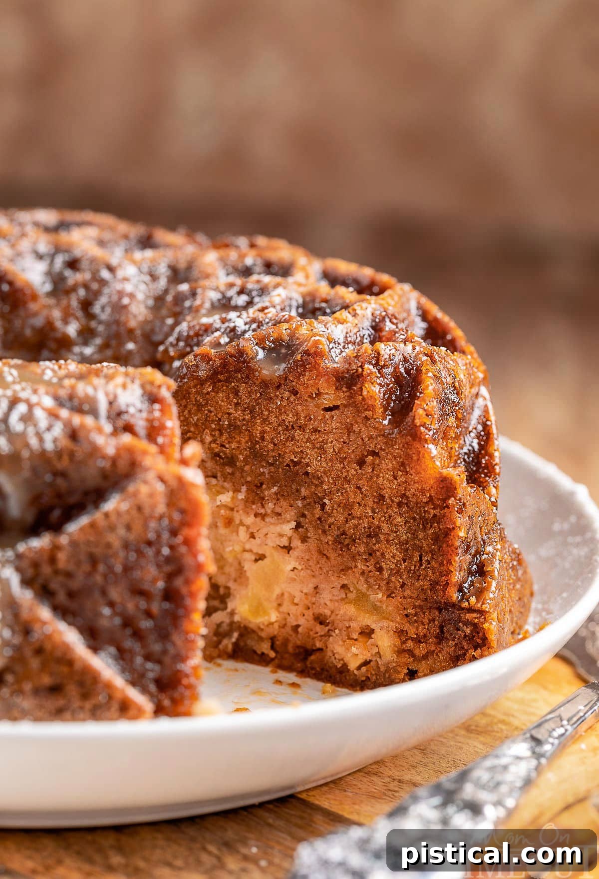 A beautifully baked Apple Bundt Cake with one slice removed, showcasing its moist texture and apple chunks, presented on a white serving dish.