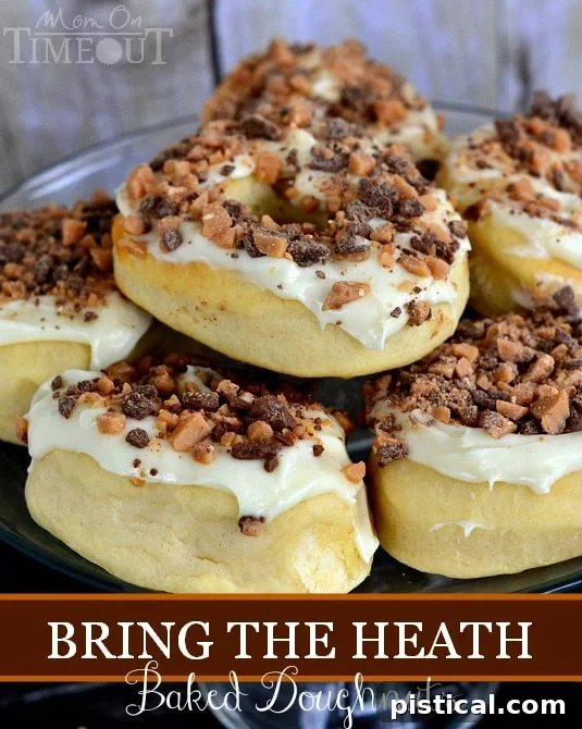Delicious baked yeast doughnut topped with cream cheese frosting and Heath candy pieces, a Gourdough's copycat.