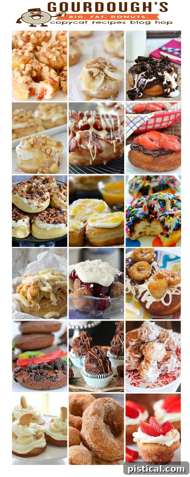 A vibrant collage featuring 18 different Copycat Gourdough's Doughnuts Recipes from various food bloggers.