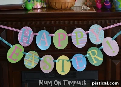 DIY Festive Easter Egg Banner 10 Completed DIY Happy Easter banner on a mantelpiece with other decorations