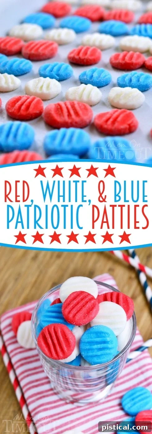Stars and Stripes Peppermint Delights 4 A festive array of Red, White, and Blue Patriotic Peppermint Patties alongside other red, white, and blue desserts, perfect for a holiday party.