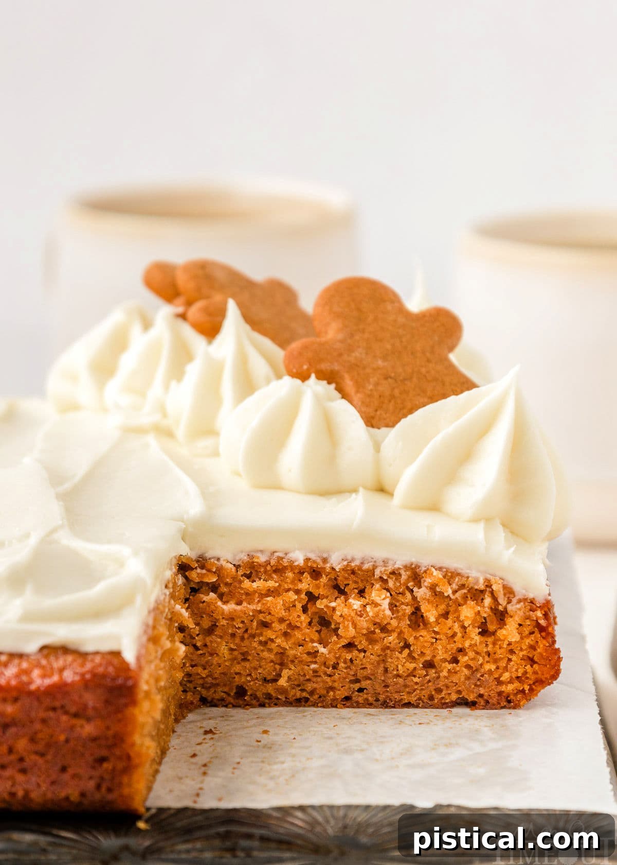 A close-up side view of a gingerbread cake with a slice removed, revealing the soft, moist texture of the cake layers underneath the frosting.