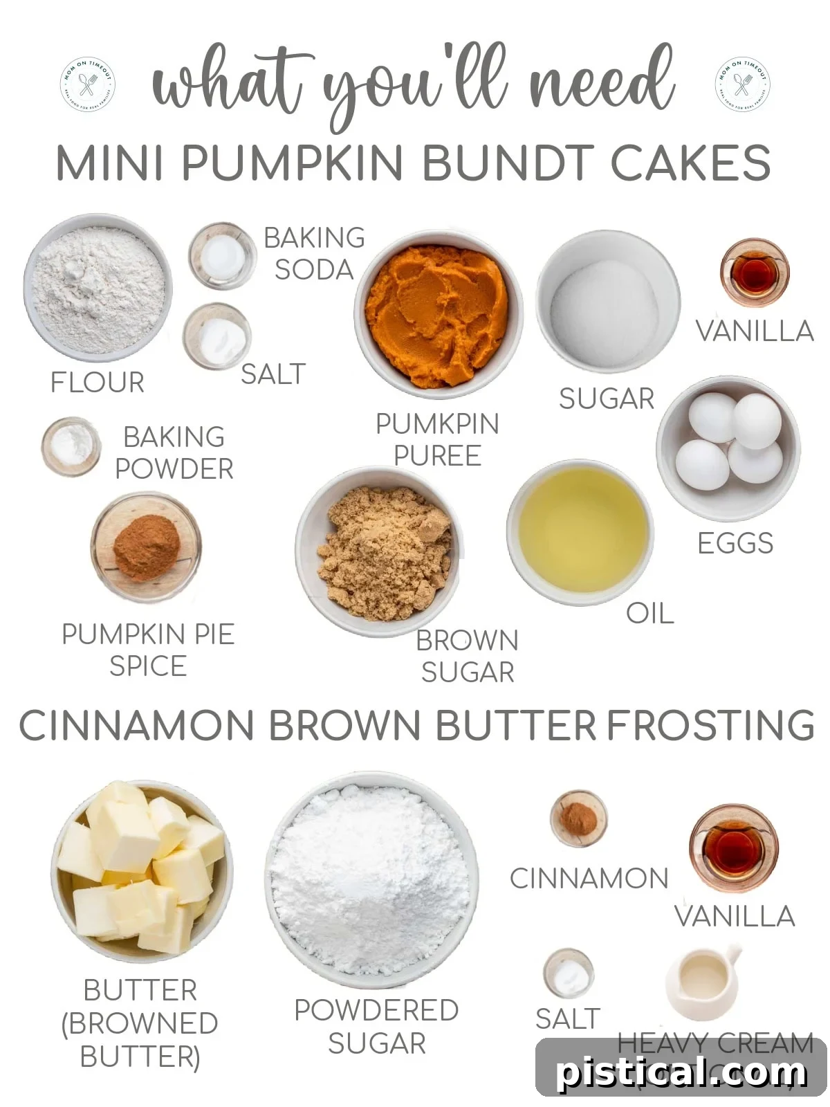 Mini pumpkin bundt cake ingredients measured out into small bowls and labeled.