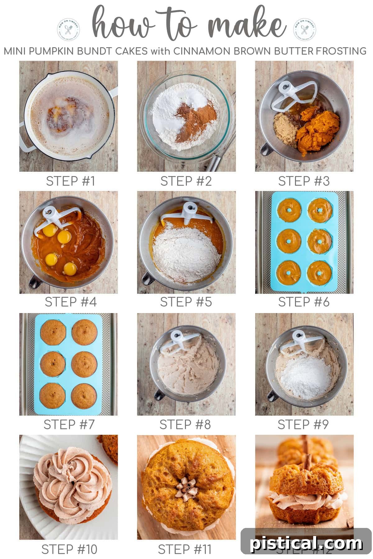 Twelve image collage of step by step process photos showing how to make mini pumpkin bundt cakes with a cinnamon brown butter frosting.
