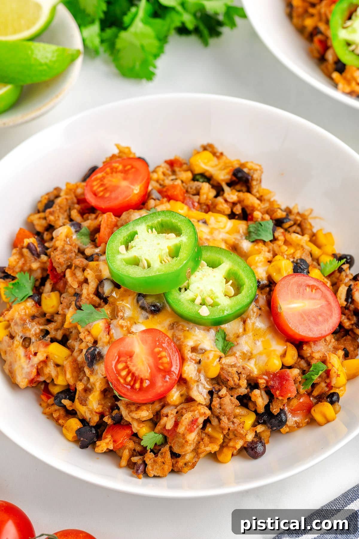 Ultimate Cheesy Taco Rice Skillet 3 A close-up shot of ground turkey taco skillet rice served in a white ceramic bowl, beautifully garnished with fresh diced tomatoes and vibrant green jalapeño slices, highlighting the rich colors and textures of the dish.
