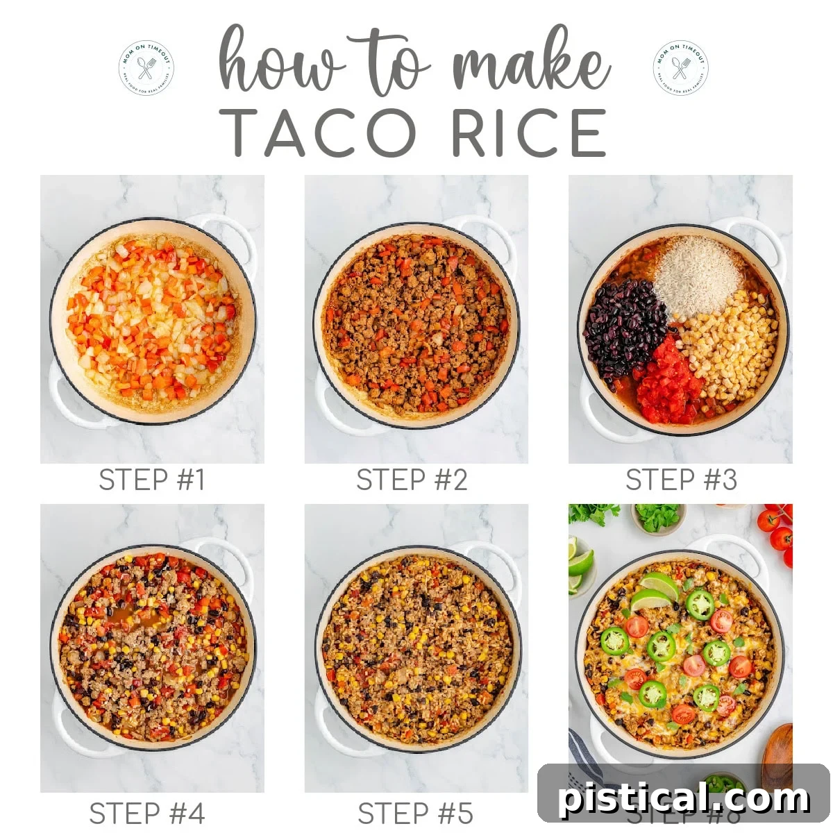Ultimate Cheesy Taco Rice Skillet 4 A six-image collage visually guiding you through the preparation of Cheesy Taco Rice, showing step-by-step images from sautéing vegetables and browning meat to simmering the rice and melting cheese for a complete one-pan meal.