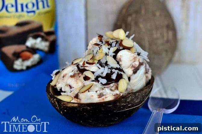 Easy No-Churn Almond Joy Ice Cream with International Delight creamer. Perfect for coconut and chocolate lovers! | MomOnTimeout.com