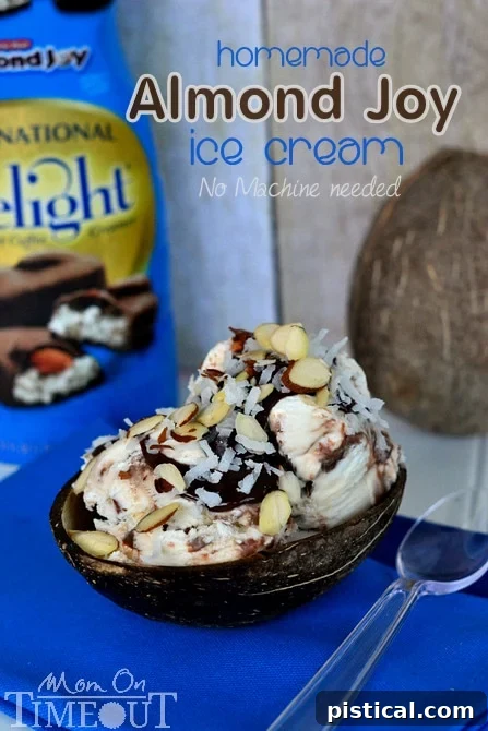Homemade No-Churn Almond Joy Ice Cream recipe, easy to make and bursting with chocolate, coconut, and almond flavor. | MomOnTimeout.com