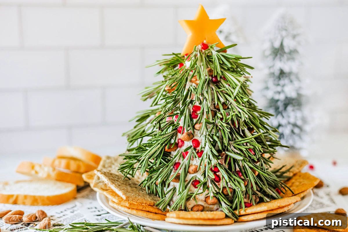 Festive Christmas Tree Cheese Ball on a white plate with crackers and cheddar cheese star.