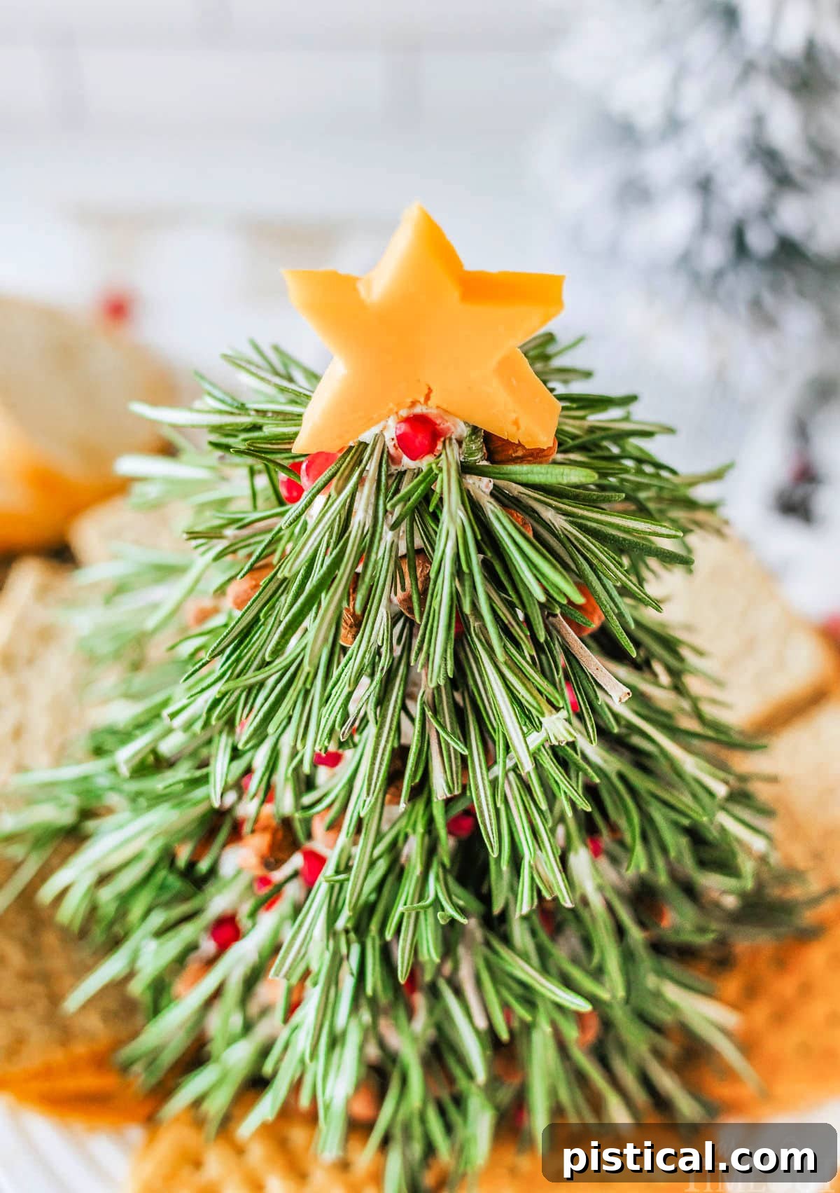 Christmas Tree Cheese Ball adorned with almonds and pomegranate, with a cheddar star on top.