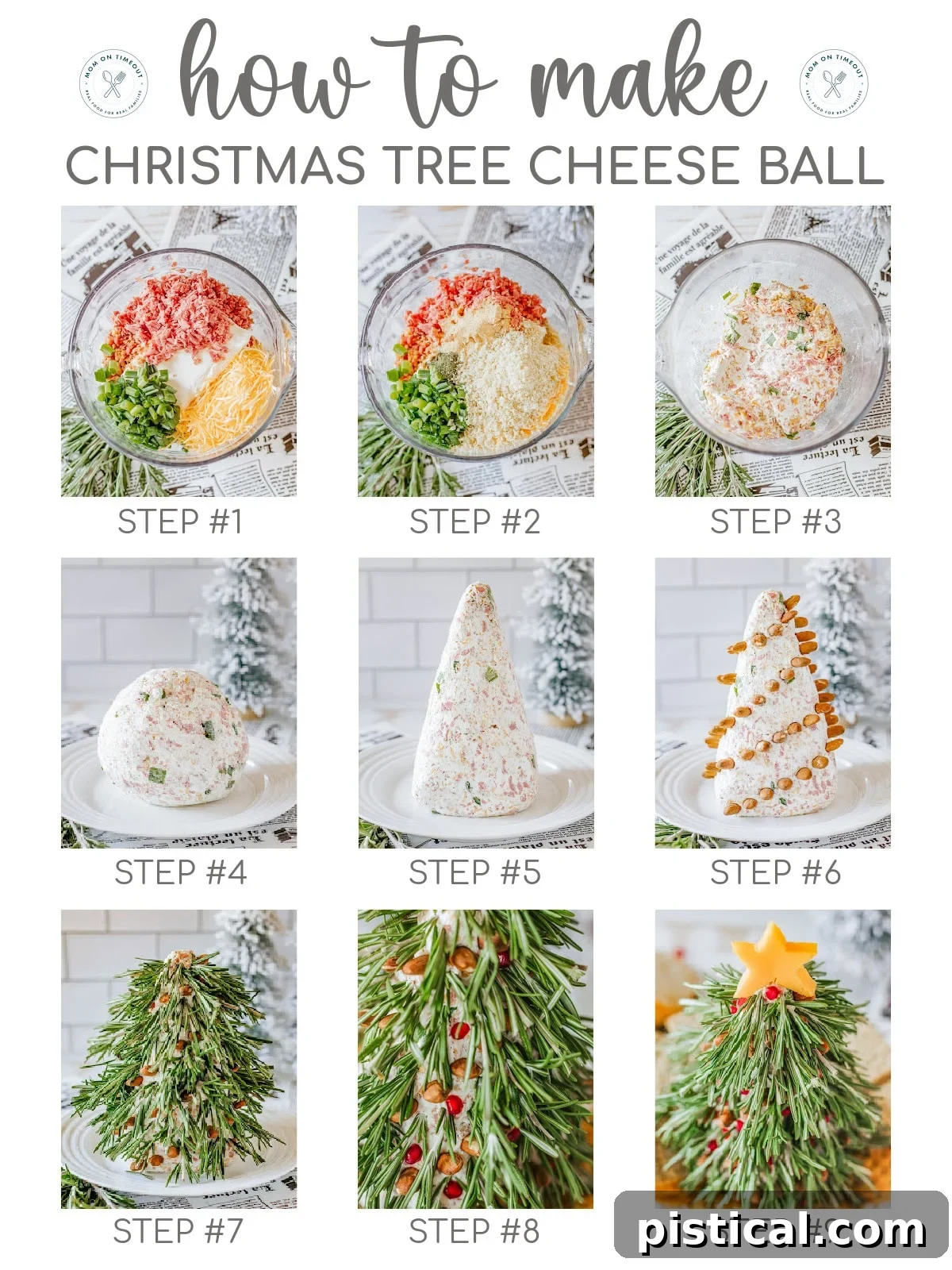 A 9-image collage showing step-by-step instructions for making a Christmas tree cheese ball.