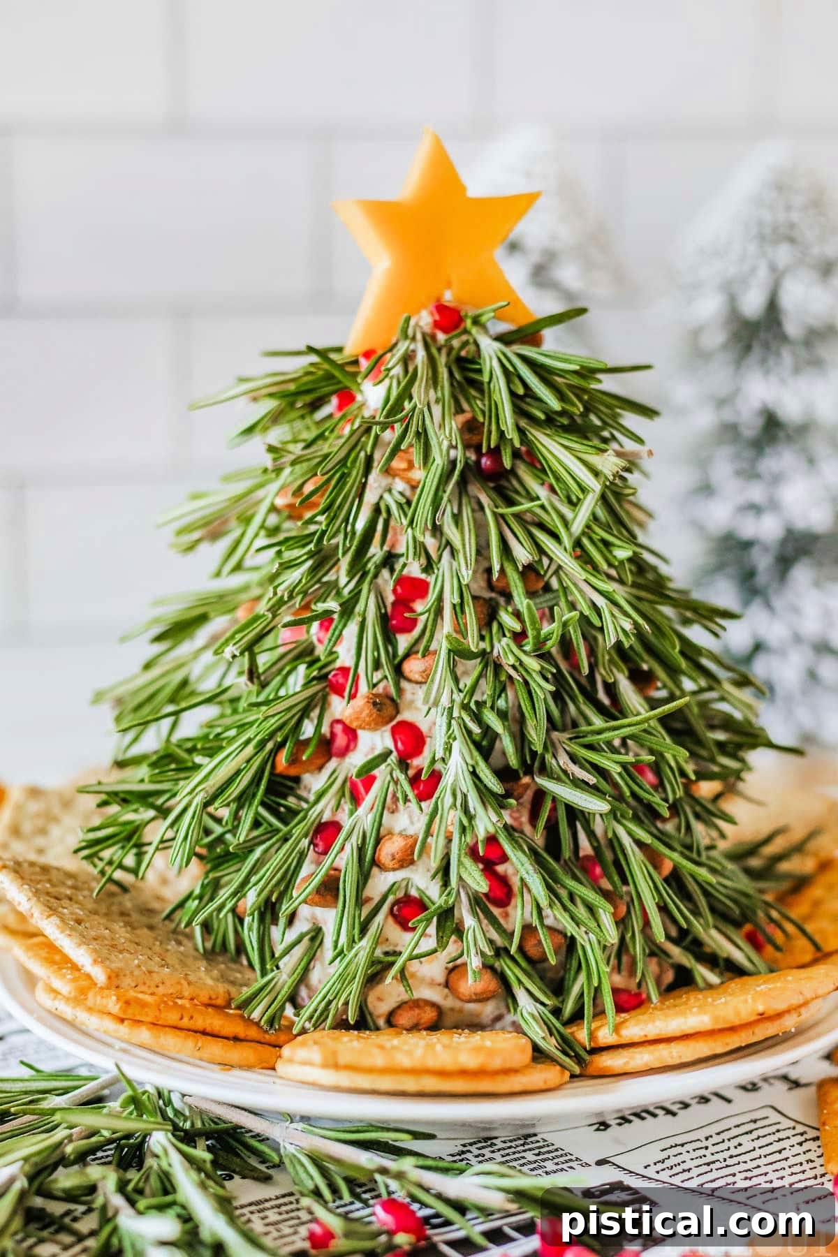 Festive Christmas Tree Cheese Ball on a white plate with crackers, topped with a cheddar star.