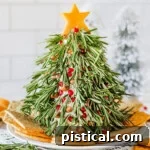 A miniature Christmas Tree Cheese Ball garnished with rosemary and pomegranate arils, served with crackers.