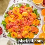 Top down view of vibrant citrus salad made with blood oranges, oranges, arugula and thyme and dressed with a citrus salad dressing.