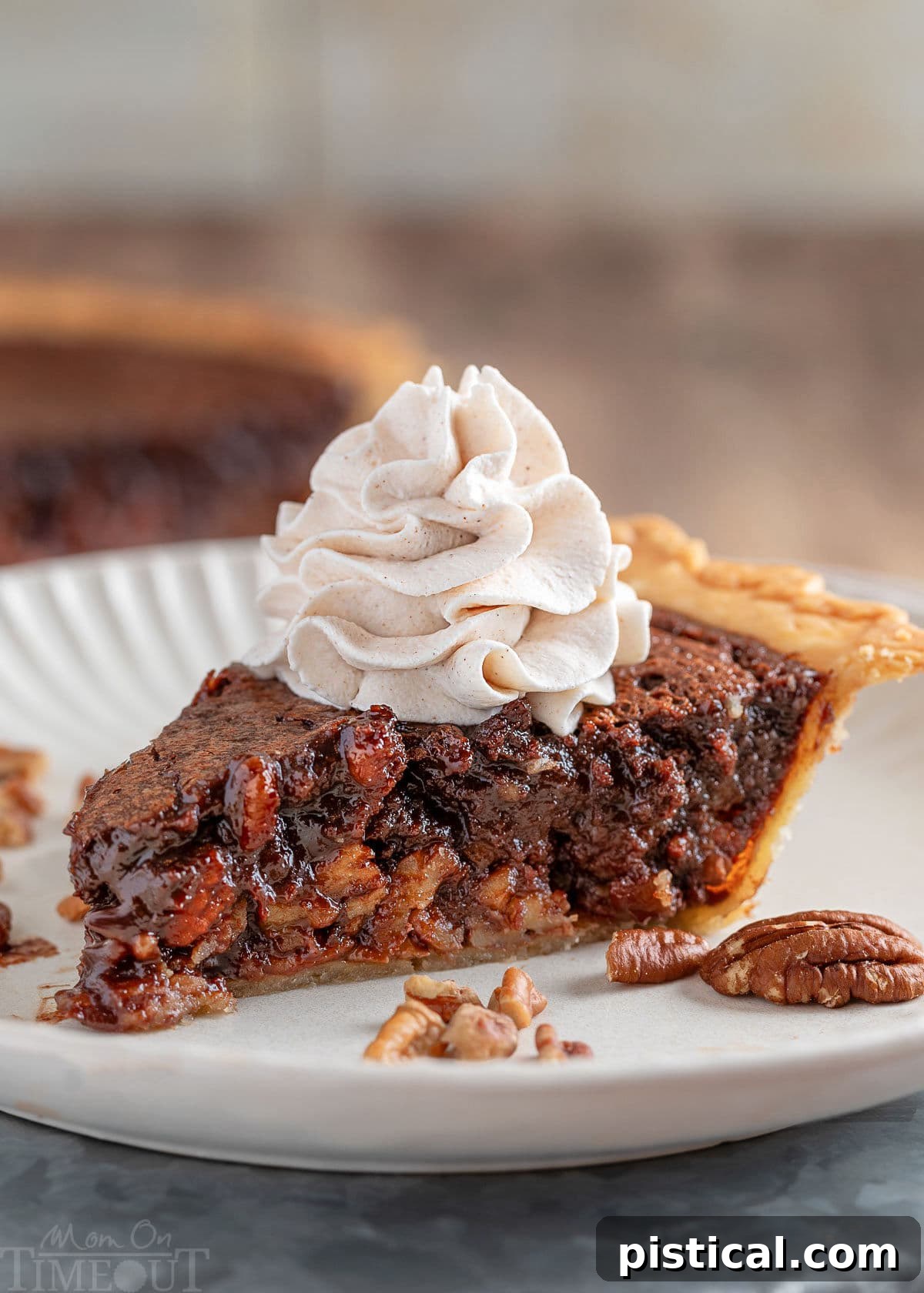 A generous slice of Chocolate Bourbon Pecan Pie on a white plate, beautifully topped with creamy bourbon cinnamon whipped cream. The full pie is visible in the soft background, hinting at its deliciousness.
