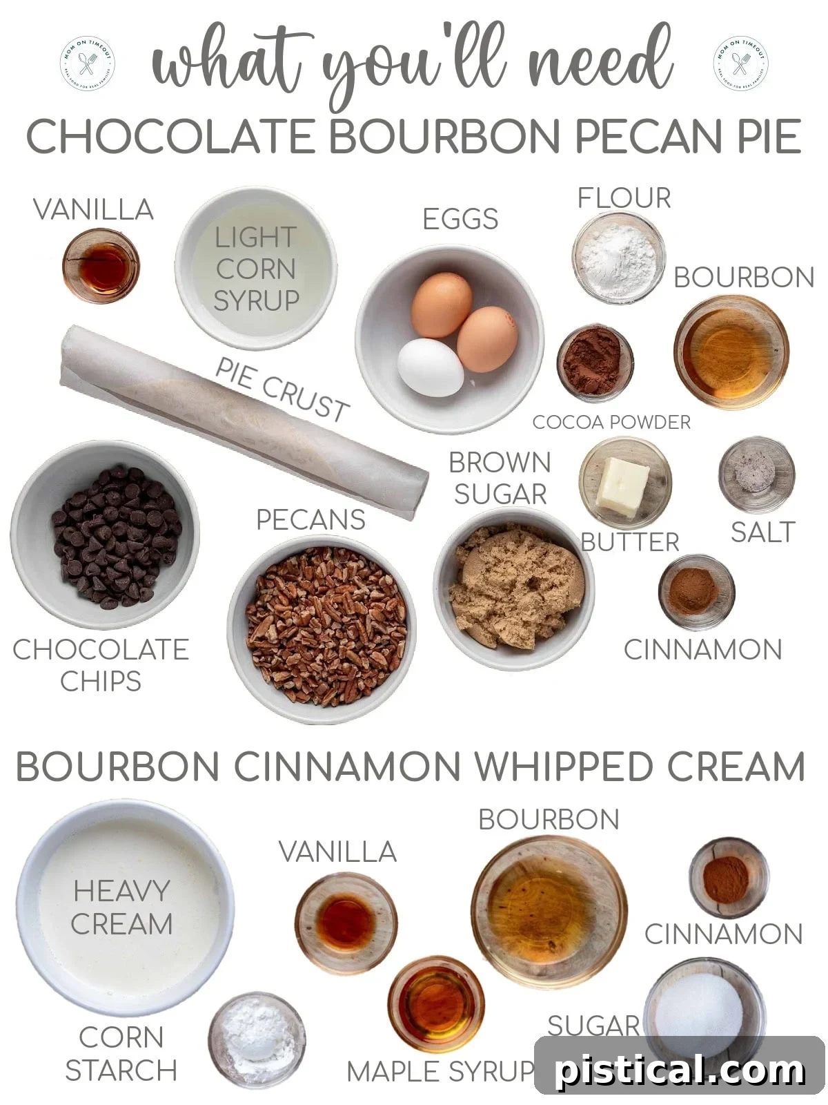 A top-down shot of all the carefully measured ingredients laid out in small bowls, ready for making the Chocolate Bourbon Pecan Pie and the accompanying Bourbon Cinnamon Whipped Cream. Ingredients include pecans, chocolate chips, flour, sugar, eggs, butter, bourbon, and spices.