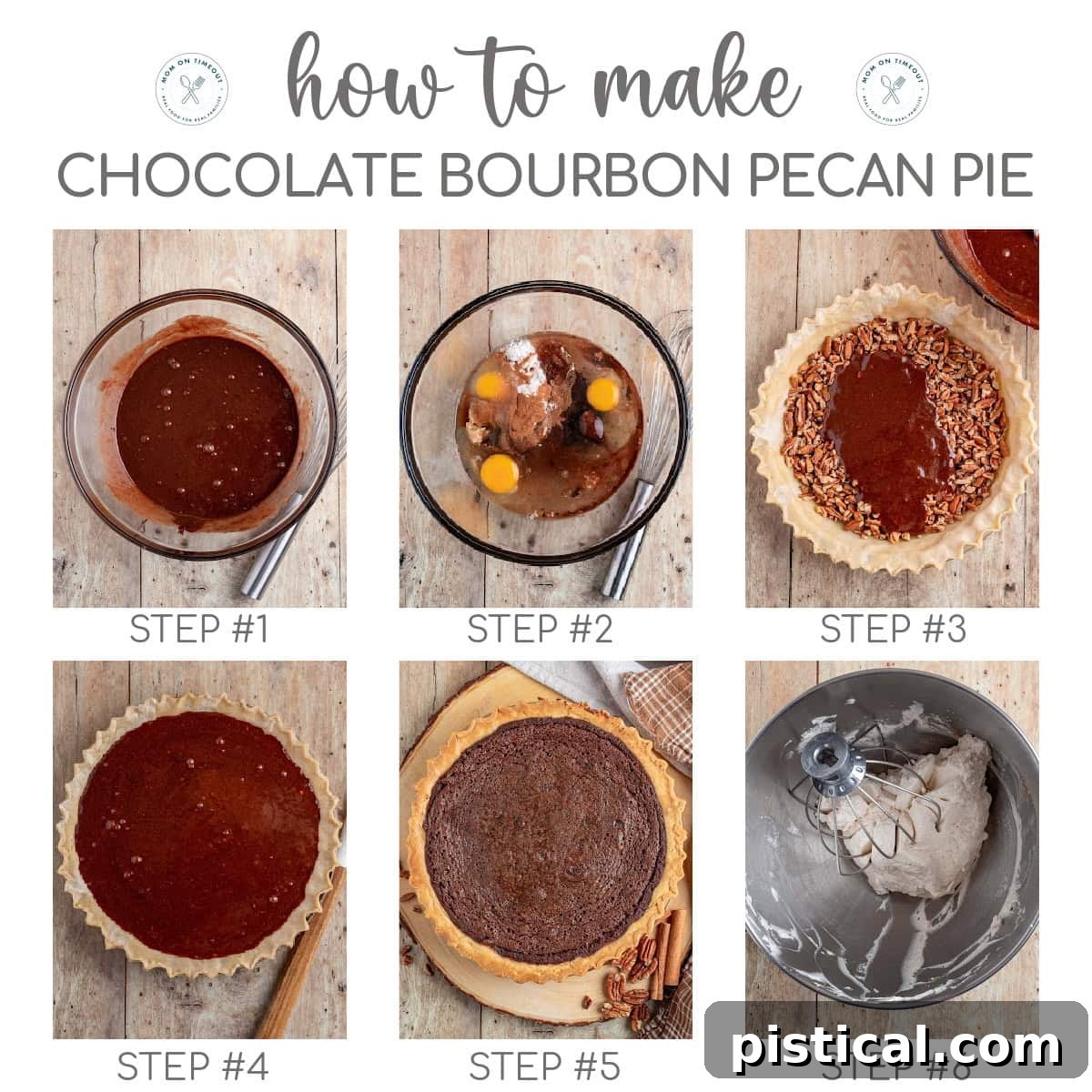 A six-image collage displaying the step-by-step process of making Chocolate Bourbon Pecan Pie, from preparing the crust to pouring the filling and baking.
