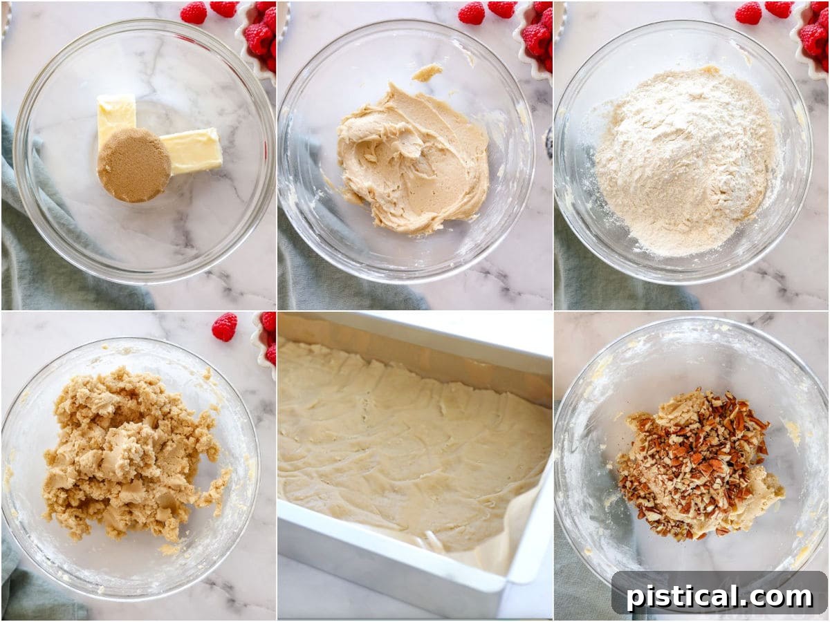 A six-image collage demonstrating the step-by-step process of making the buttery crust for the chocolate raspberry crumb bars.